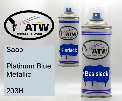 Saab, Platinum Blue Metallic, 203H: 400ml Sprühdose + 400ml Klarlack - Set, von ATW Autoteile West.